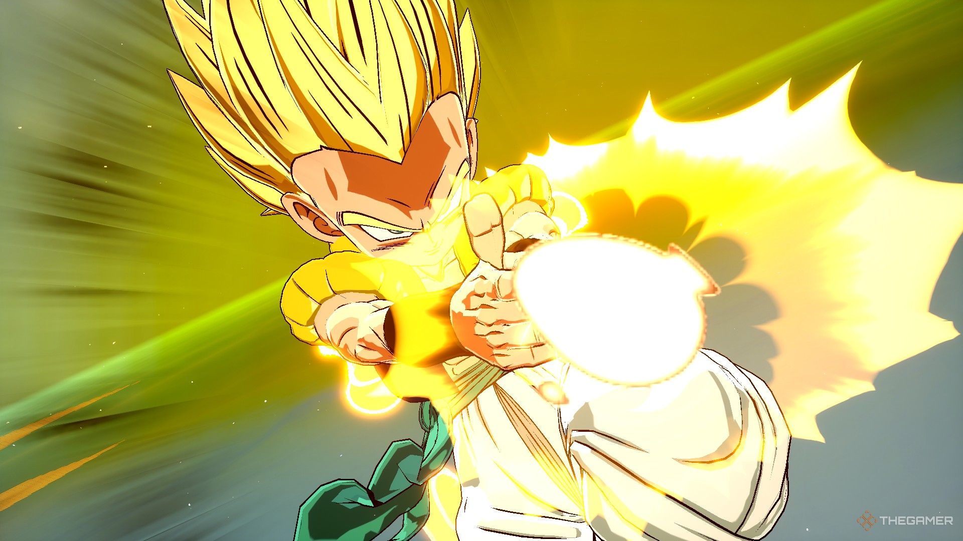 Dragon Ball Sparking Zero image showing Gotenks as a super saiyan about to fire.