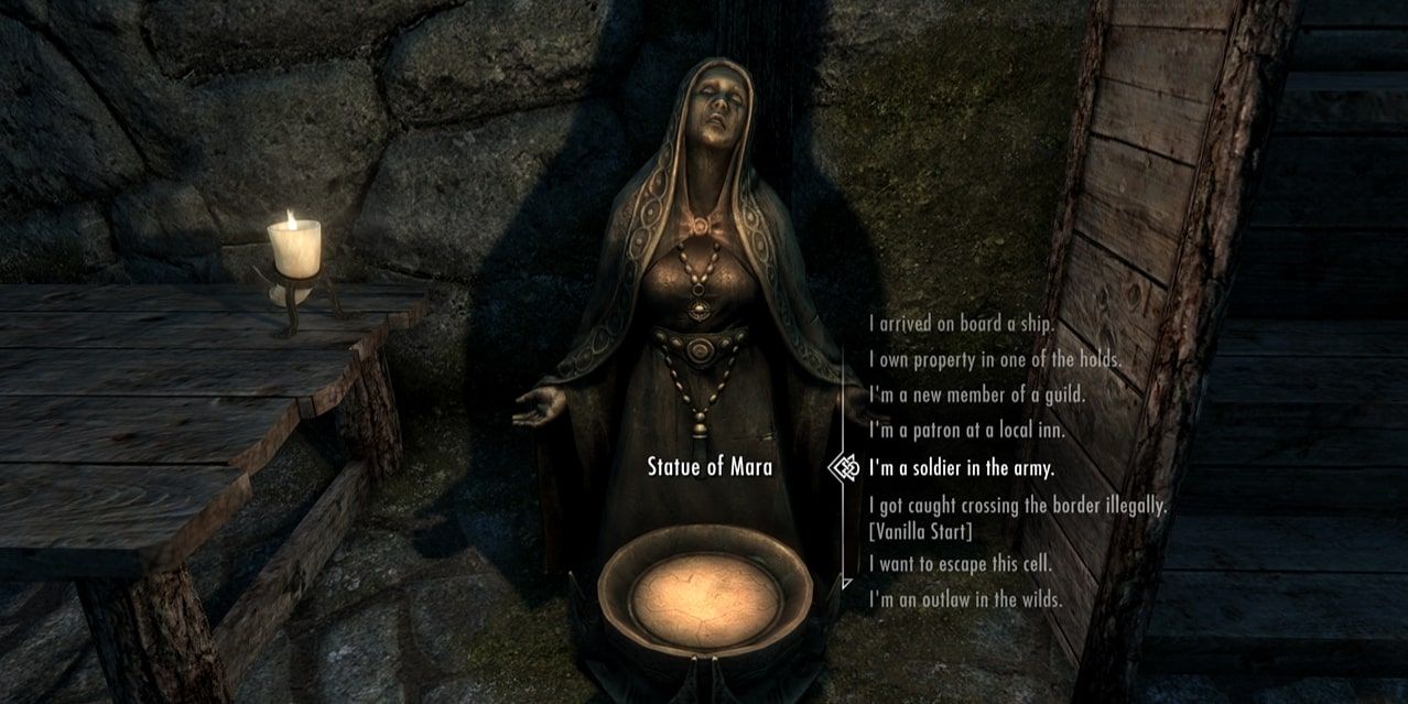 Options for backstories provided by the Alternate Start mod for Skyrim on consoles.