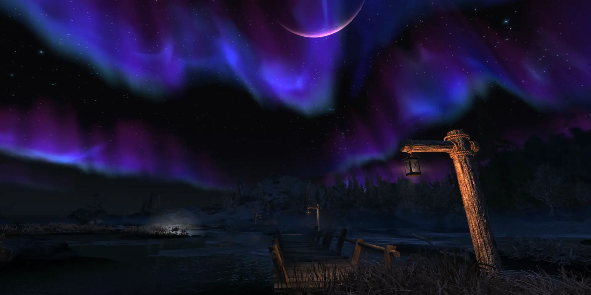 Skyrim Obsidian Weathers northern lights over a dock.