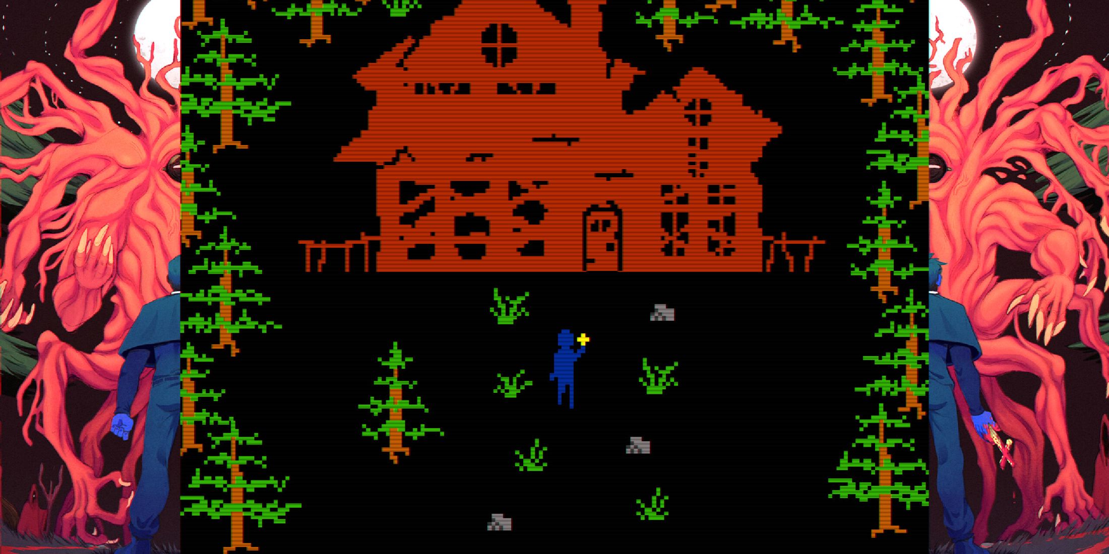 A pixelated version of a man walking toward an old decrepit house