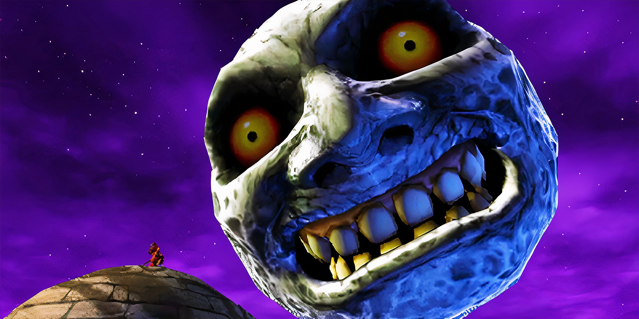 Skull Kid on clocktower with moon in Zelda Majora's Mask