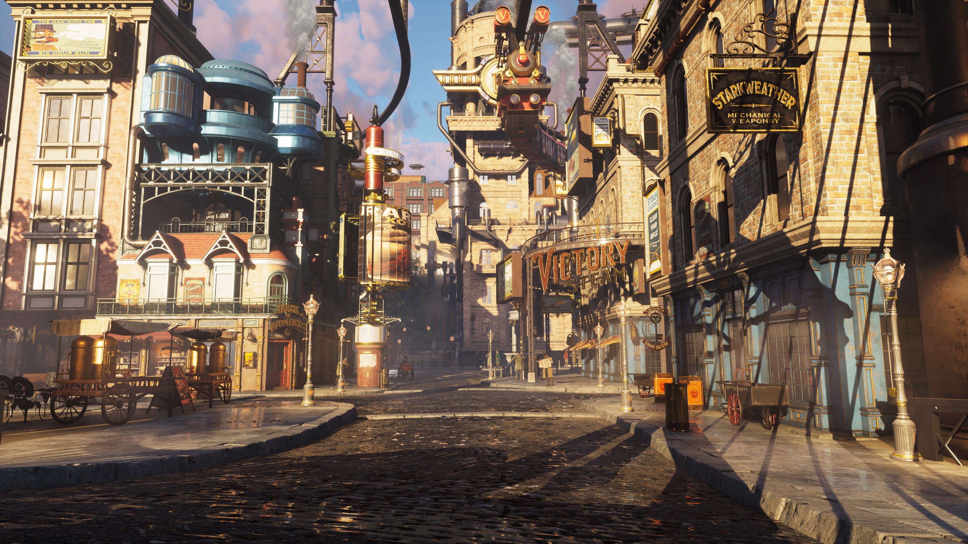 An in-game screenshot of a desolate street in Clockwork Revolution.