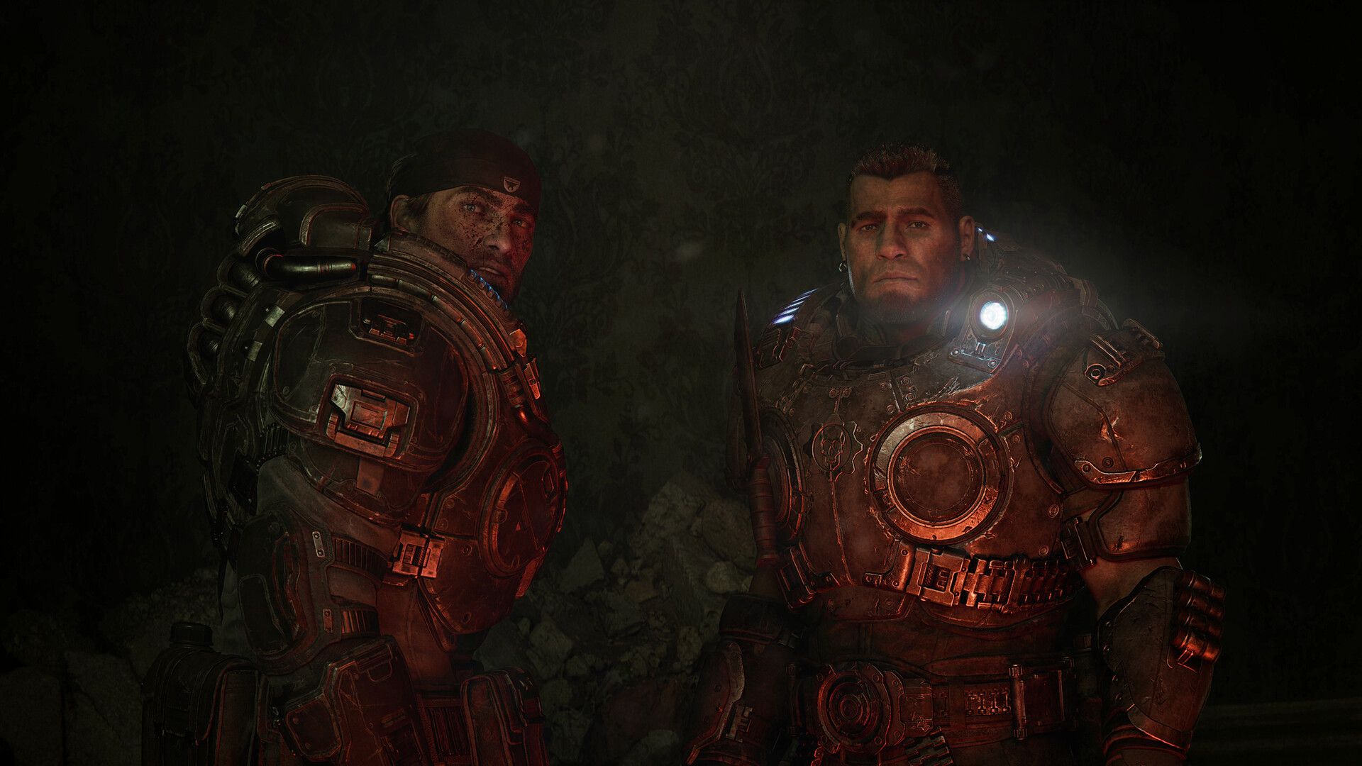 Marcus and Dom looking toward the camera with absolute horror in Gears of War: E-Day.