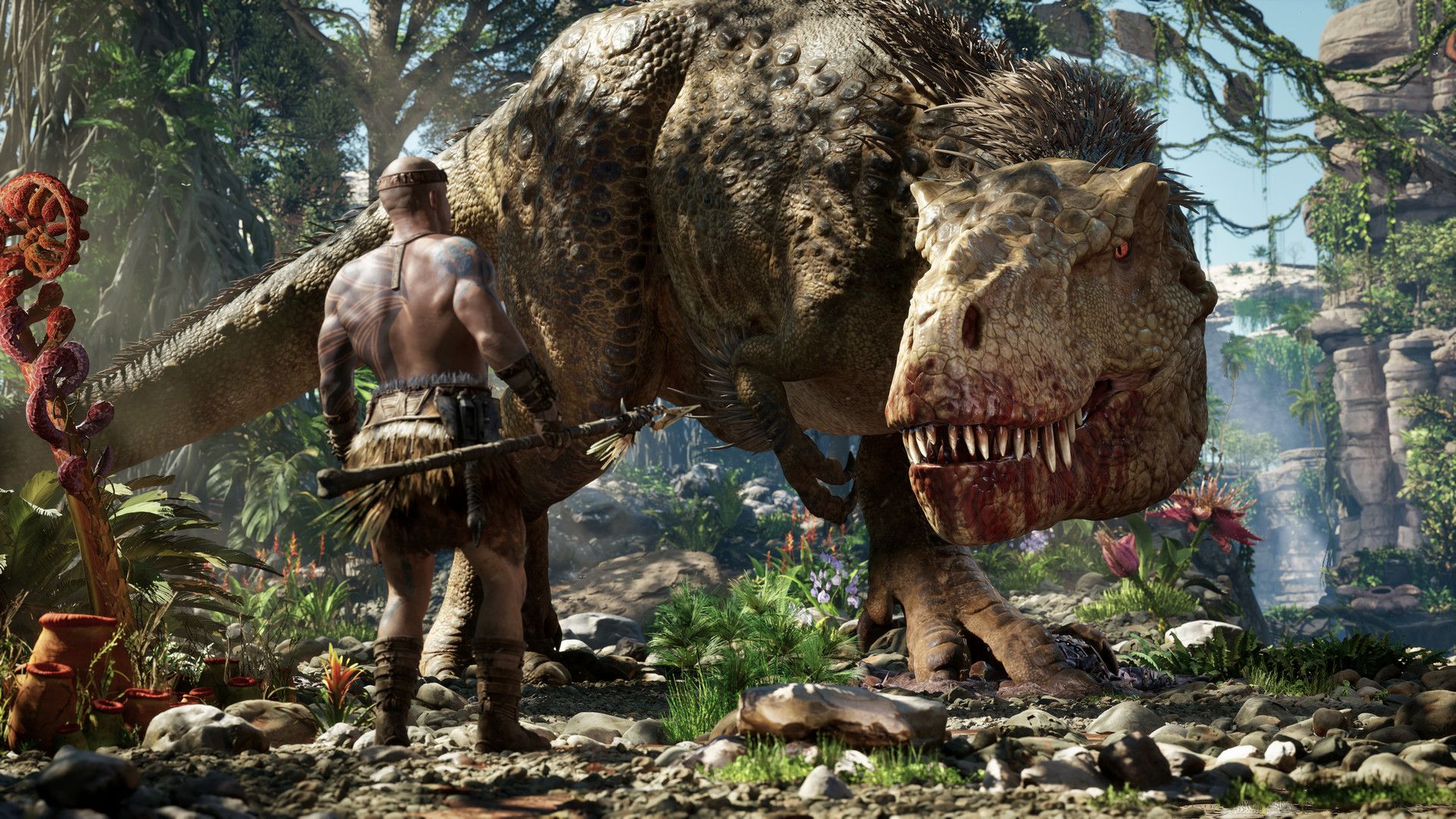 Vin Diesel approaching a T-Rex in Ark 2.