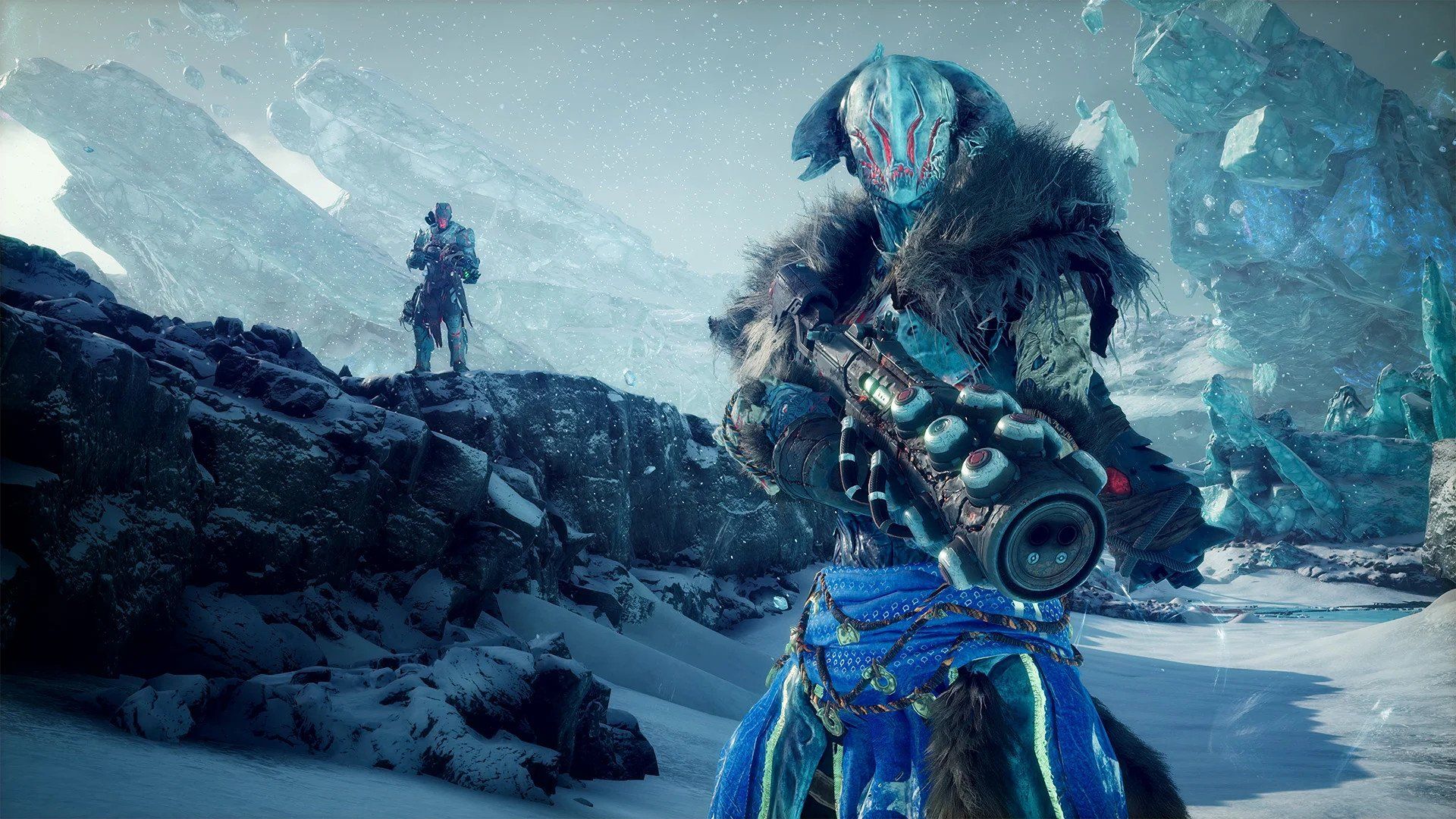 Two alien-like characters wielding weapons in a snowy field in Project Maverick.