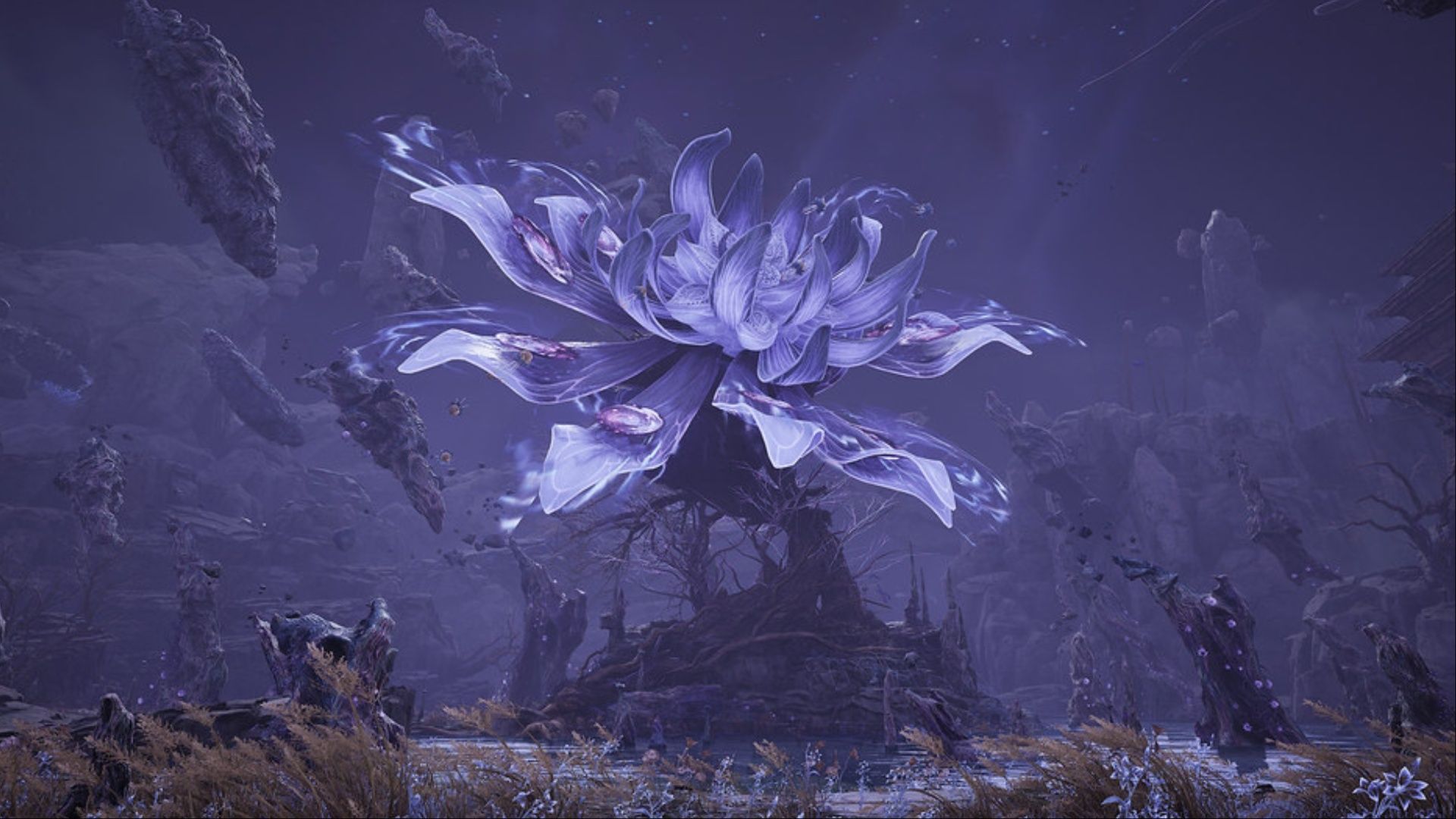 A large purple flower blooming in a dead field in Ballad of Antara.