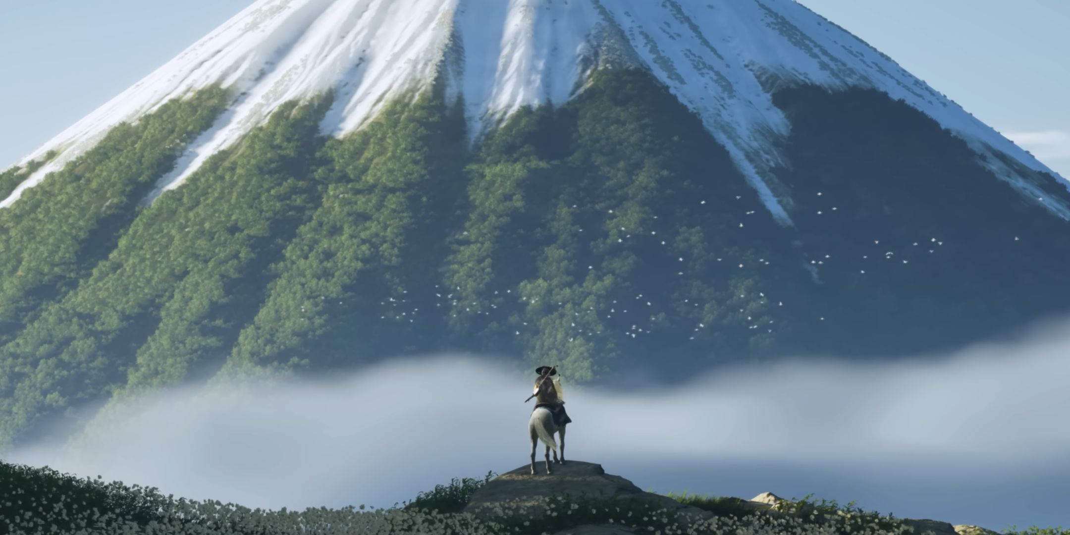 Ghost of Yotei's protagonist in front of a mountain.