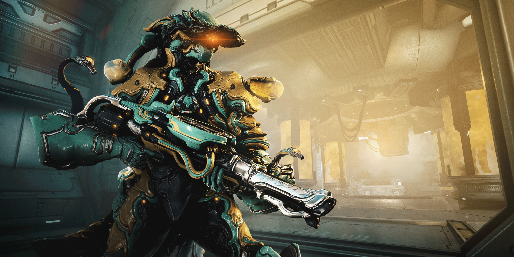 Warframe Cedo Holding a rifle in an action pose