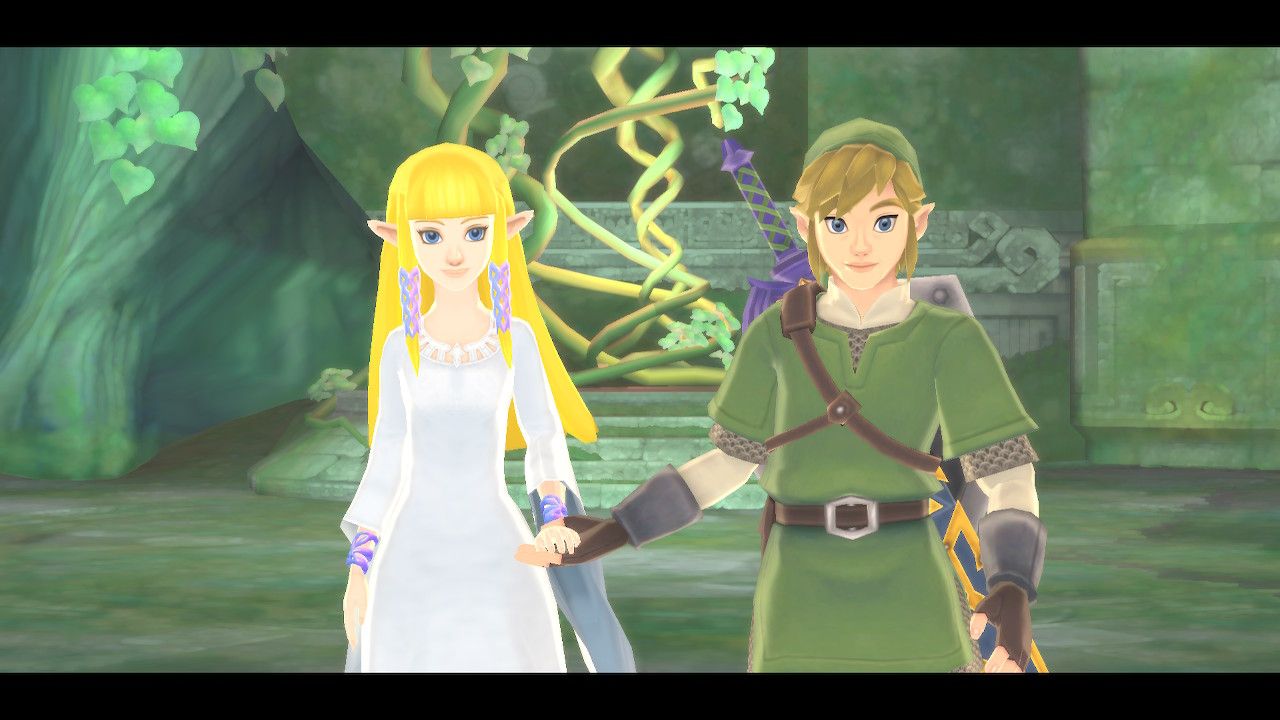 Link and Zelda holding hands in Skyward Sword one of the best Zelda games.