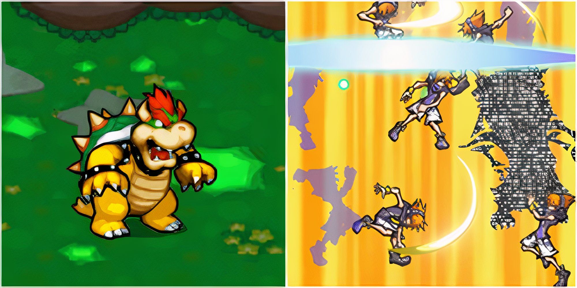 Bowser in Mario & Luigi Bowser’s Inside Story and Fighting a boss in The World Ends With You