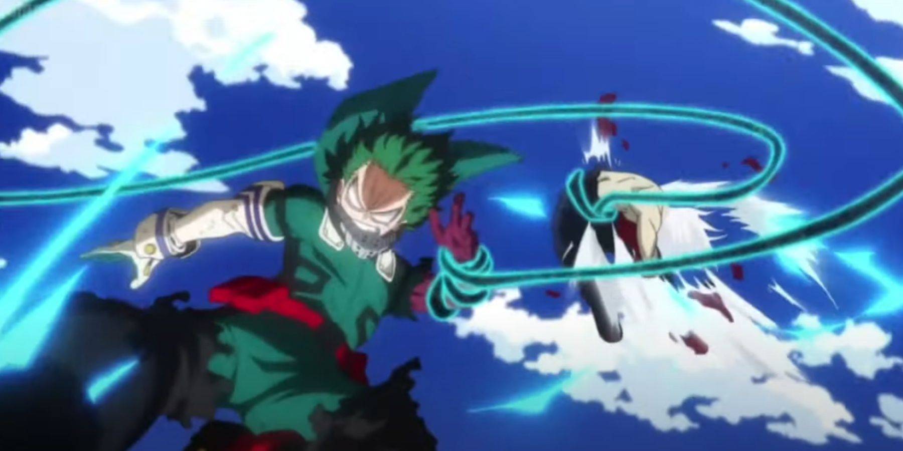 Midoriya using Blackwhip and One For All's strength to attack Tomura in My Hero Academia