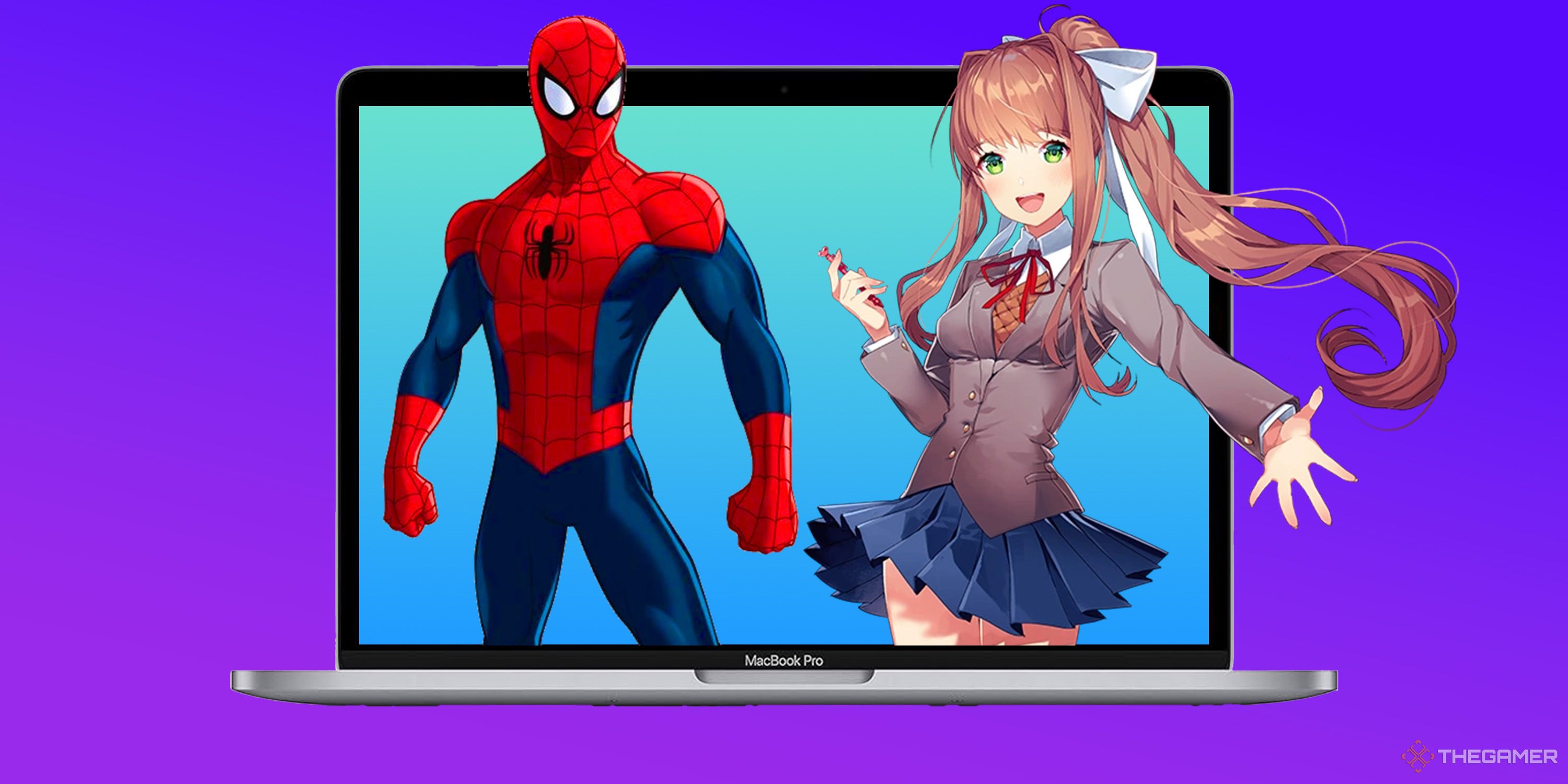 Spider-Man and Monika from Doki Doki Literature Club emerging from a MacBook