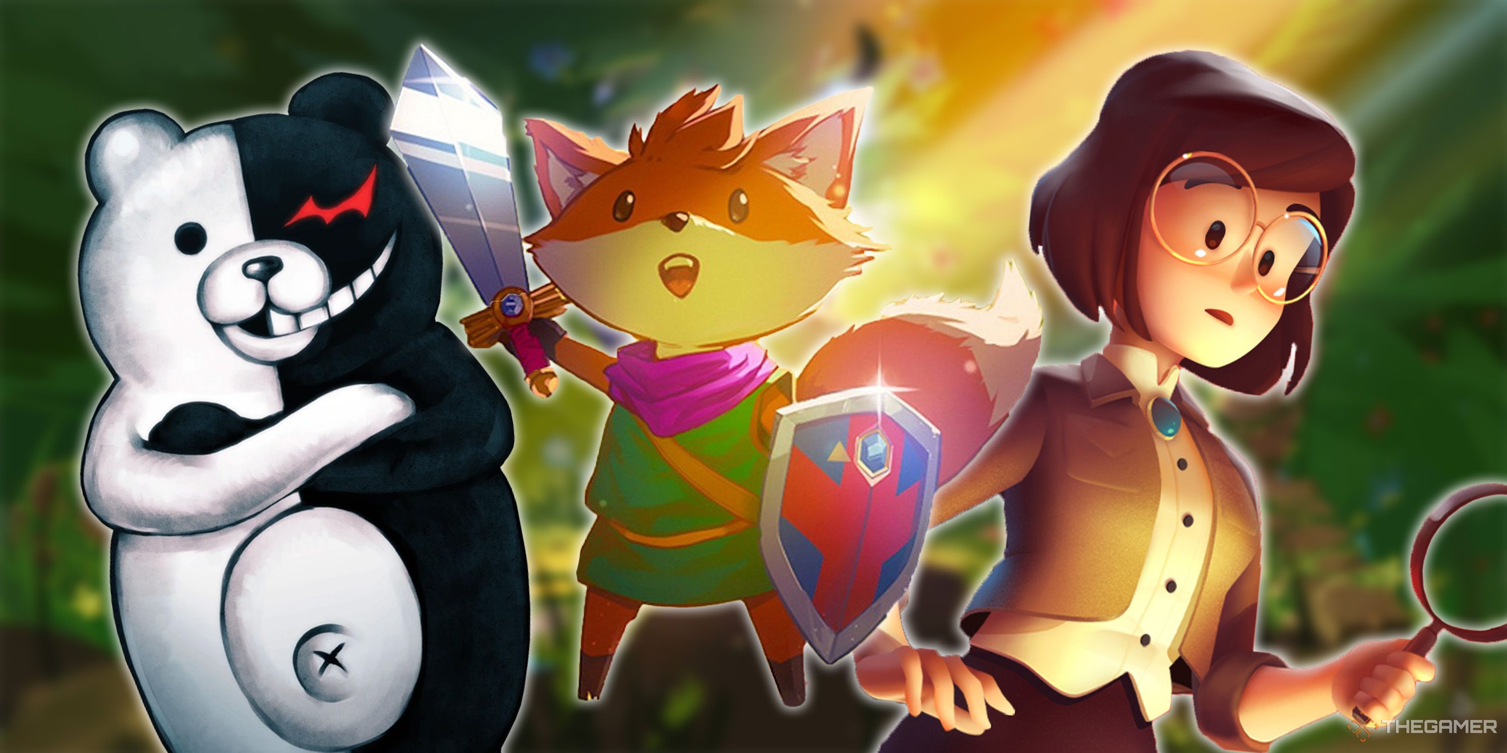 Monokuma, the fox from Tunic, and the detective from Escape Simulator standing in a forest.