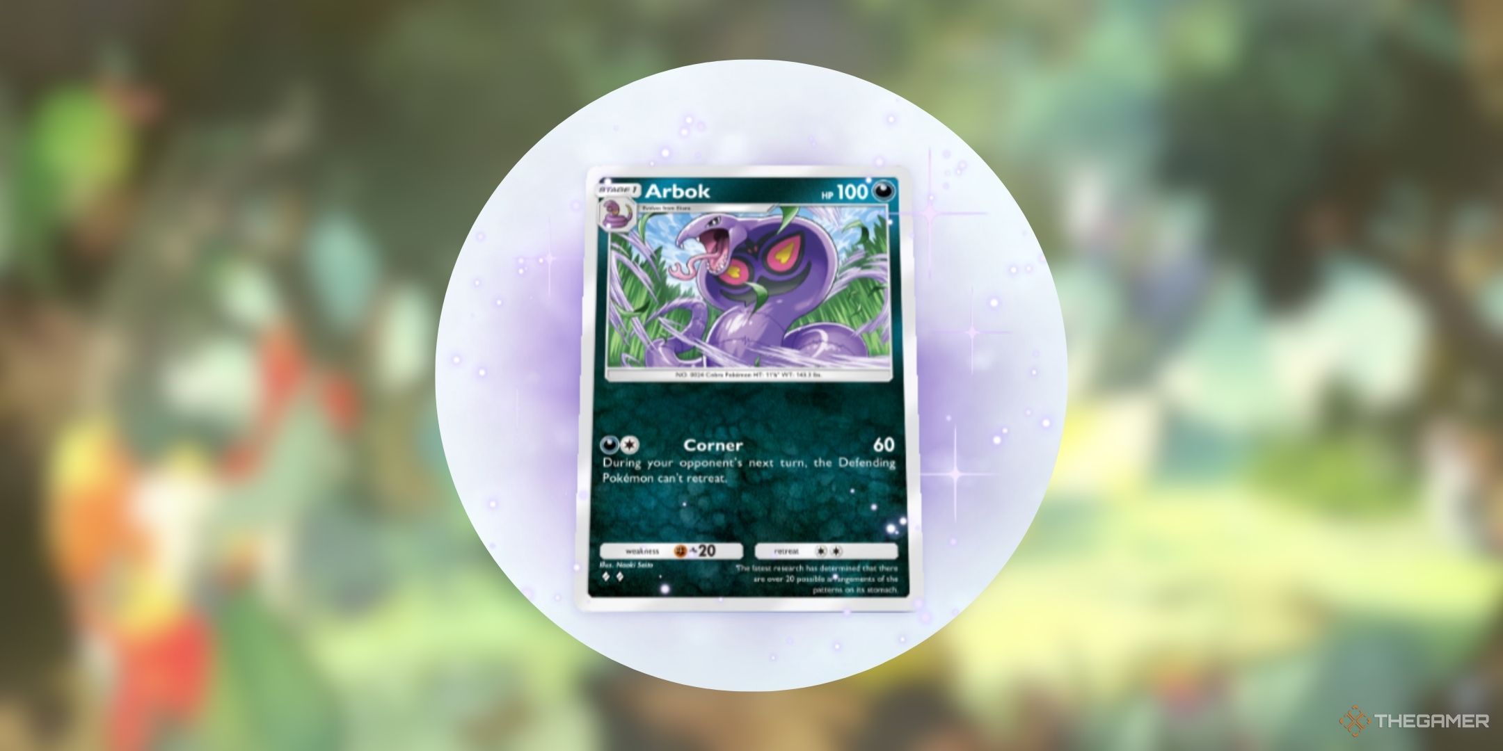 Pokemon Pocket Arbok card with Tiny Twinkles Flair- Purple (Battle) effect.