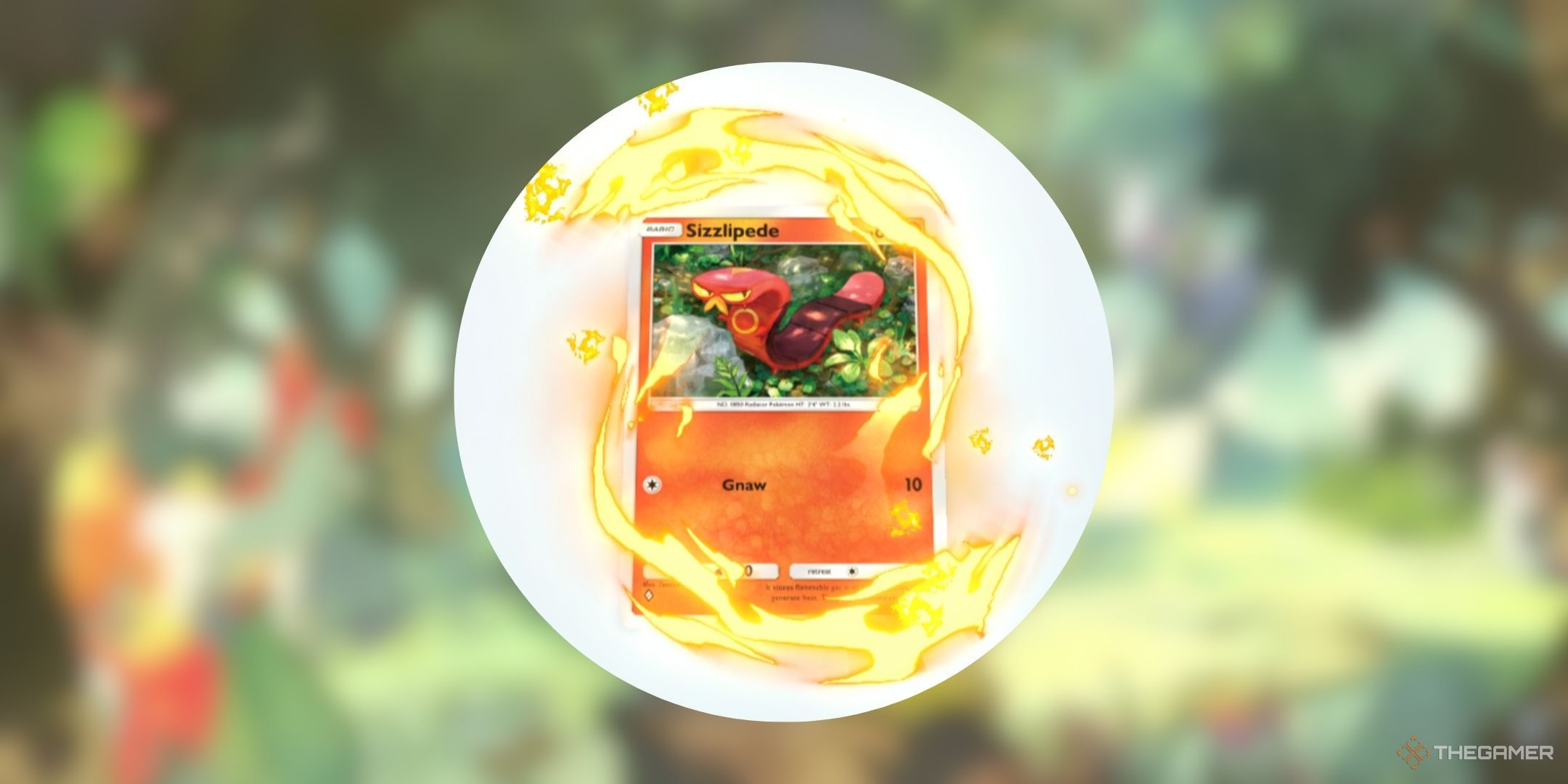 Pokemon Pocket Sizzlipede card with Flames Flair- Orange (Battle) effect.