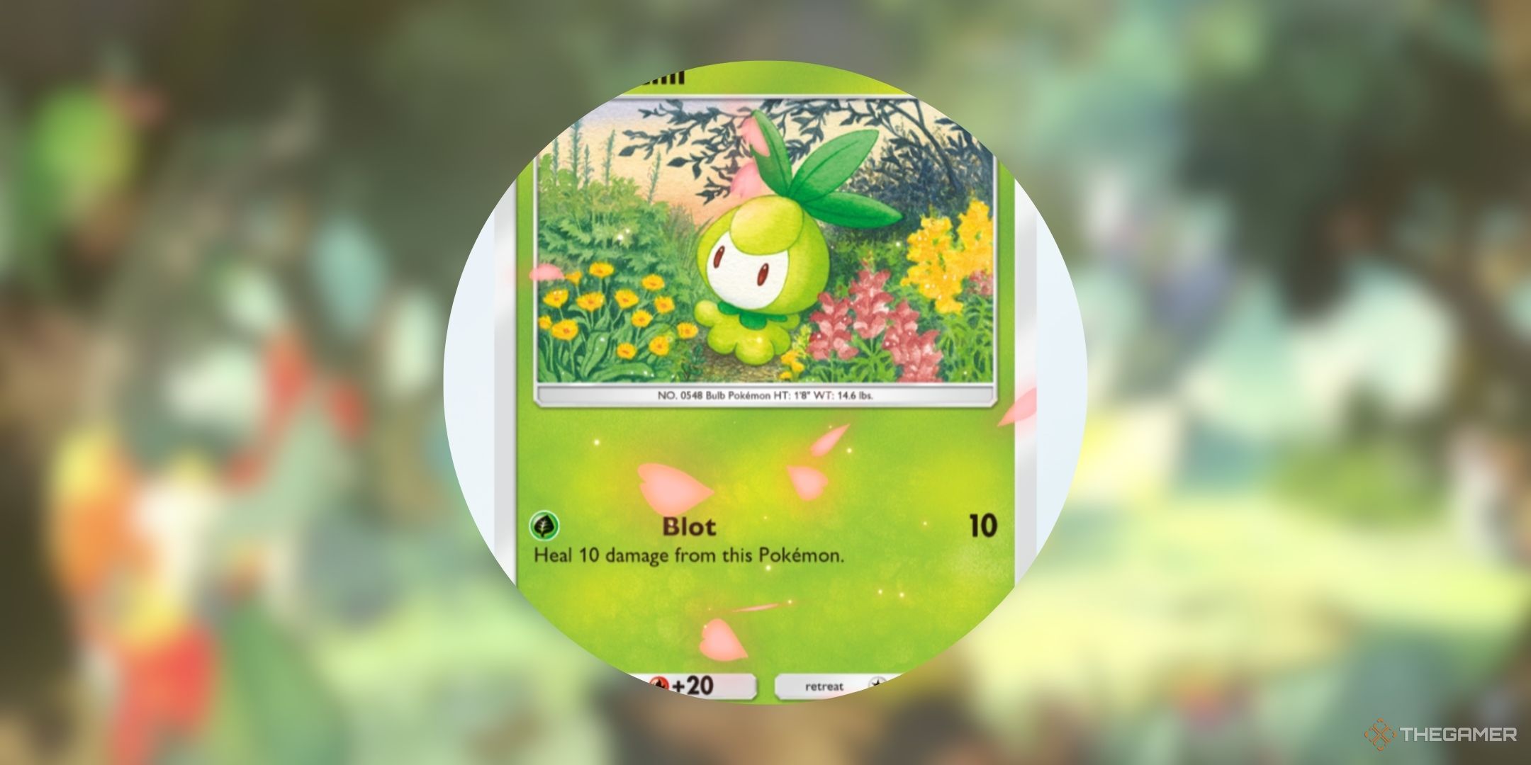 Pokemon Pocket Petilil card with the Petals Flair- Red (Cosmetic) effect.