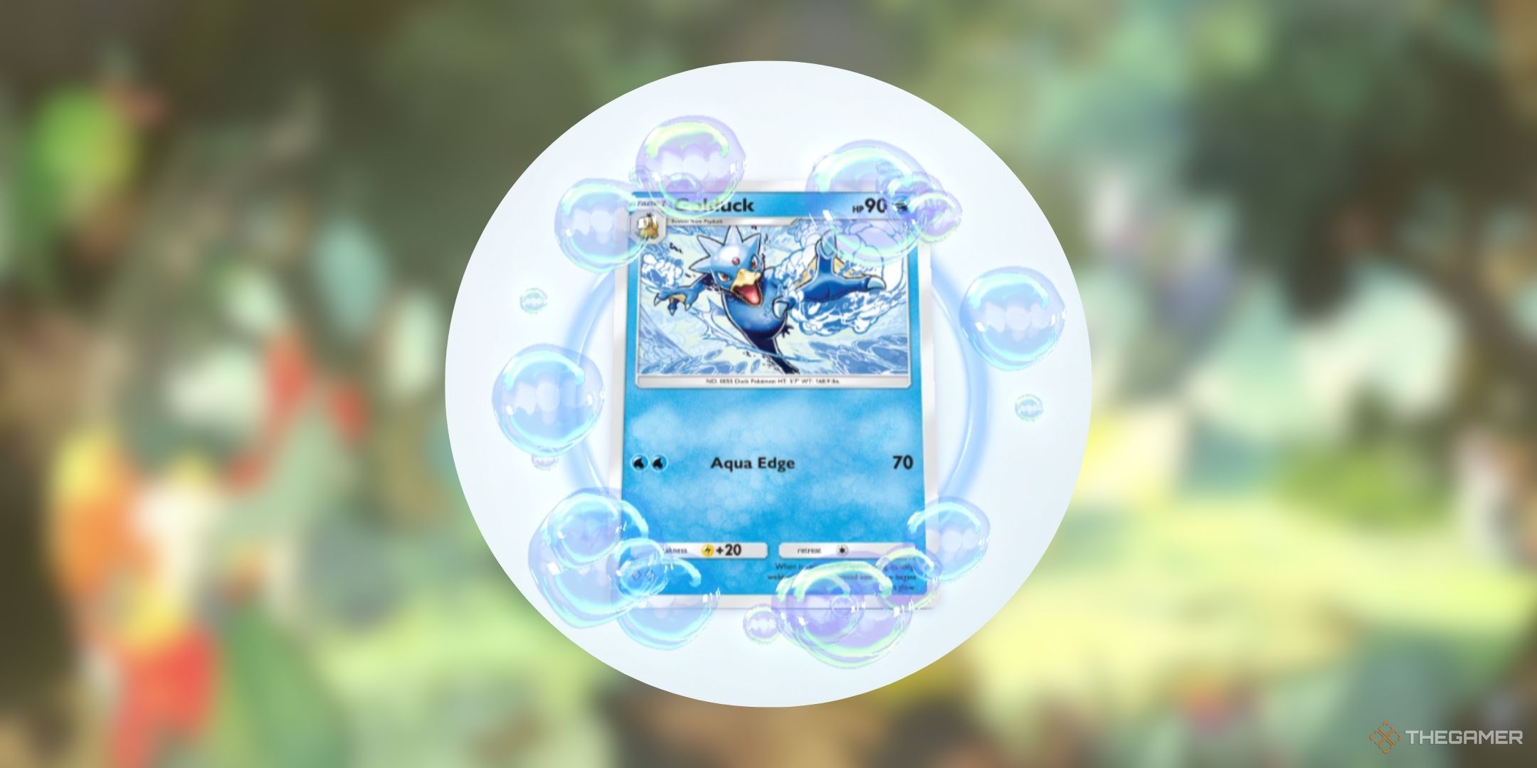 Pokemon Pocket Golduck card with the Bubbles Flair Light Blue (Battle) effect.