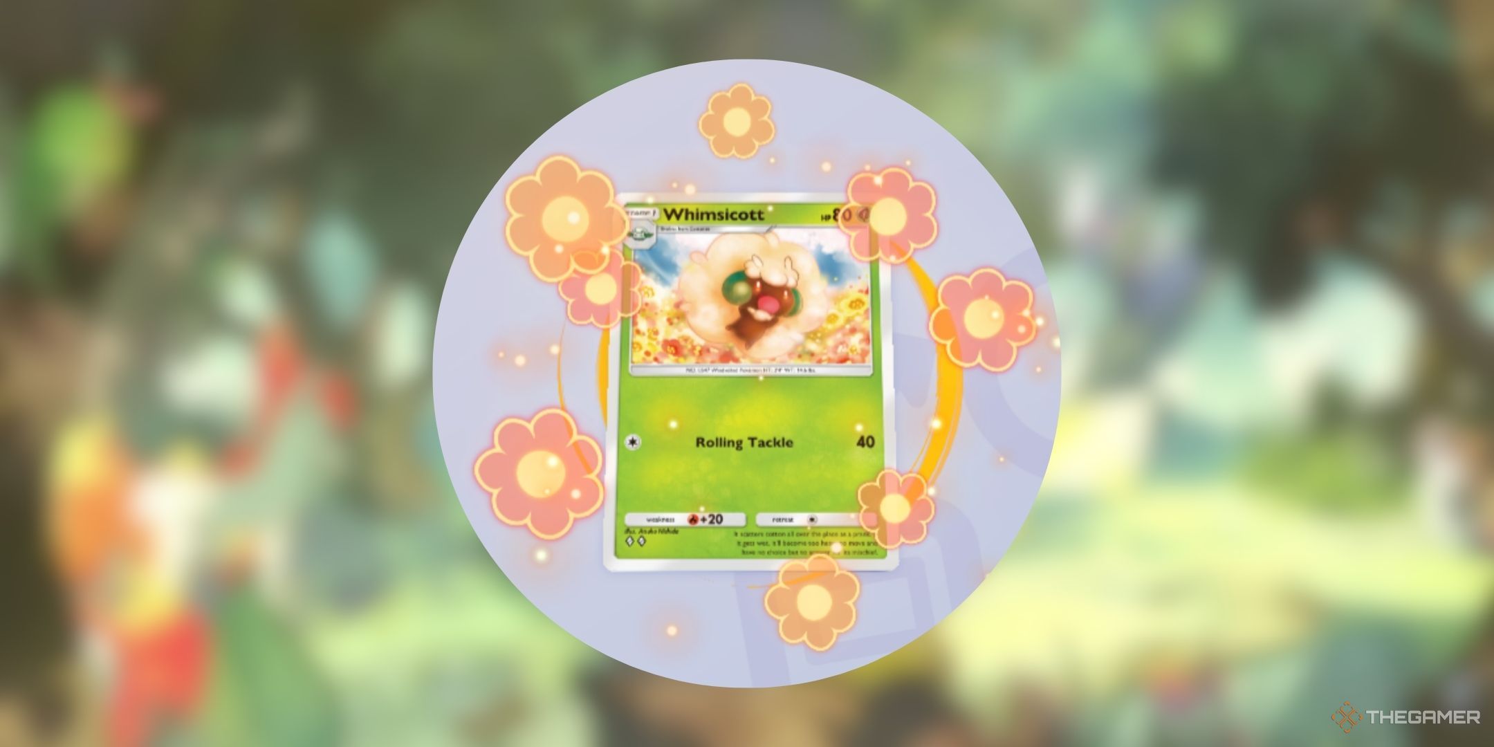 Pokemon Pocket Whimsicott card with the Flowers Flair- Orange (Battle) effect.