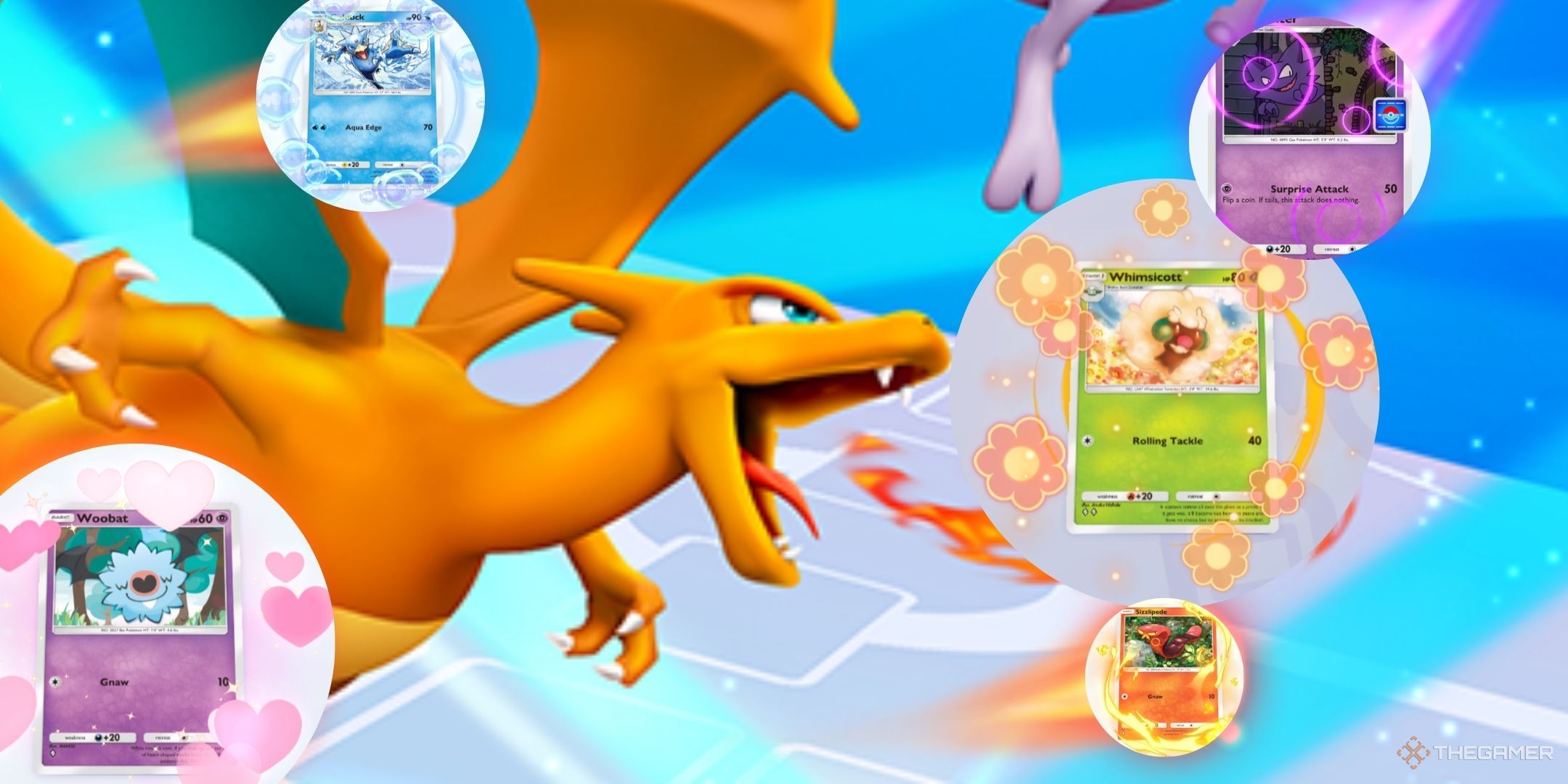 Pokemon Pocket Charizard surrounded by different Flair options shown in orbs.