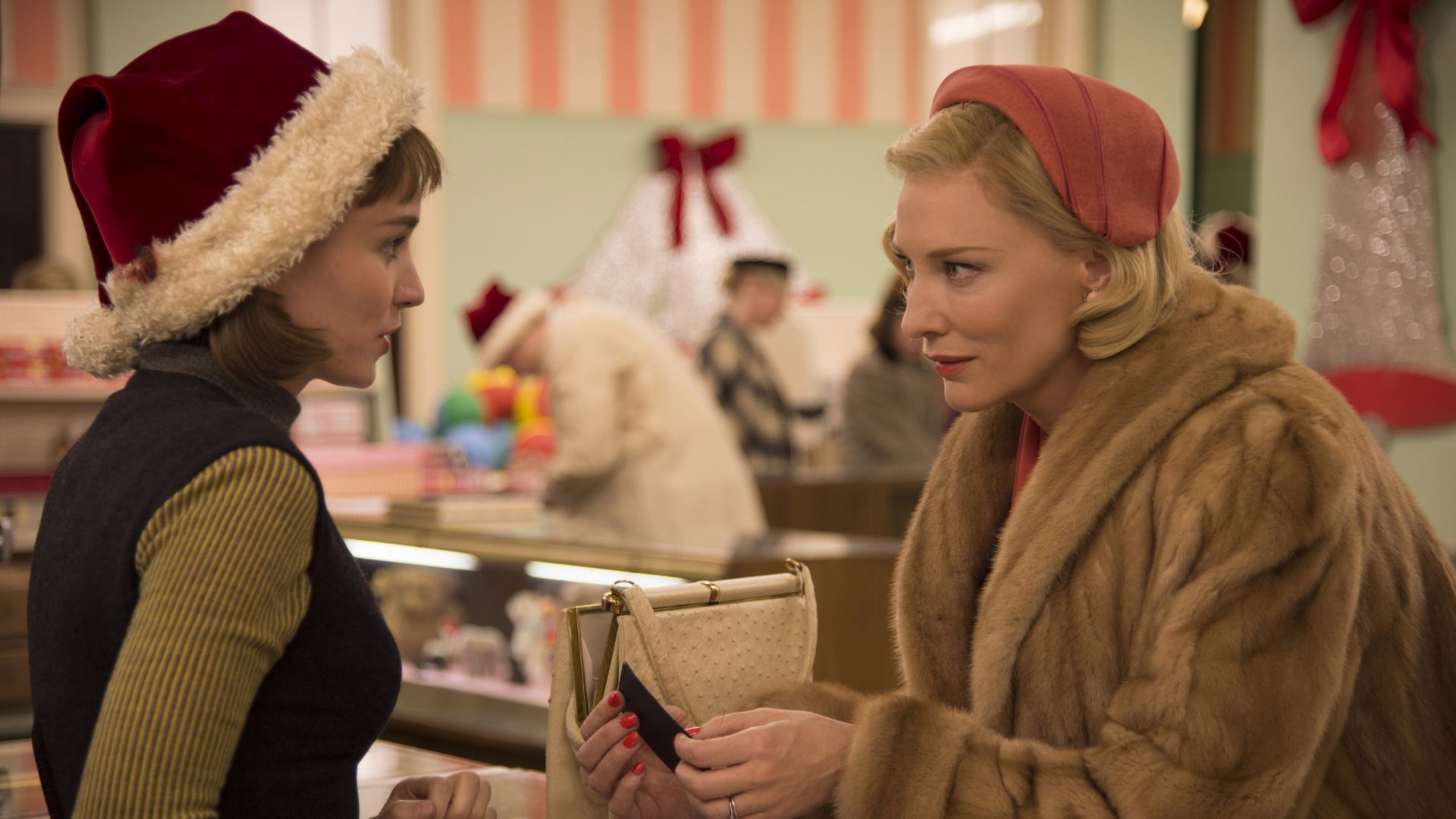 Cate Blanchett as Carol Aird and Rooney Mara as Therese Belivet during Carol.