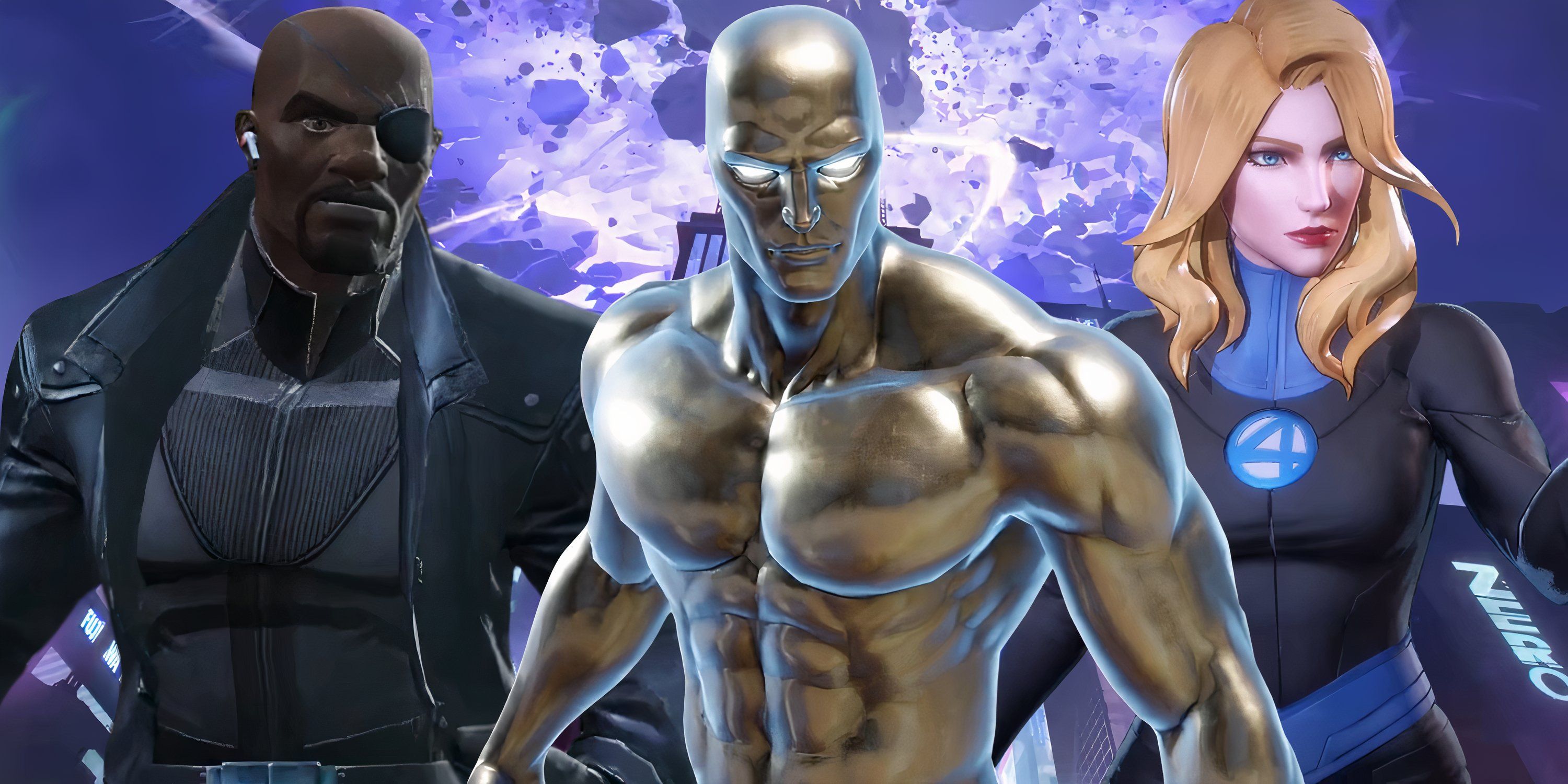 Collage of Nick Fury, Silver Surfer, and The Invisible Woman in various Marvel games