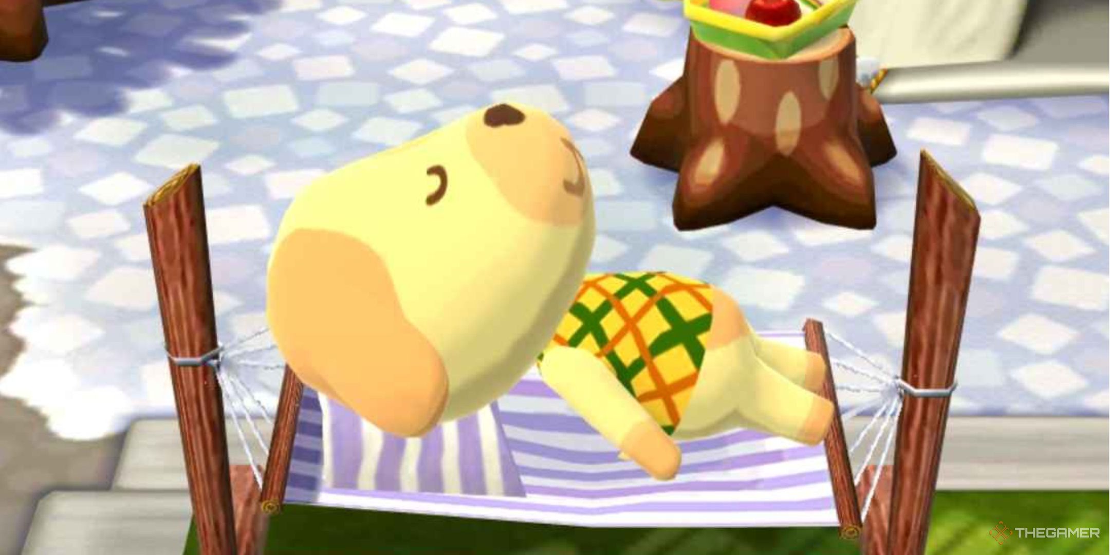 Animal Crossing: Pocket Camp Complete, Goldie sleeping on a hammock in the camp.