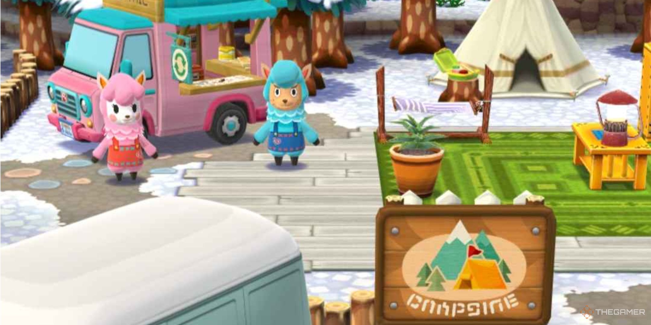 Animal Crossing: Pocket Camp Complete, the campgrounds with Reese and Cyrus standing in the back, waiting on the player.