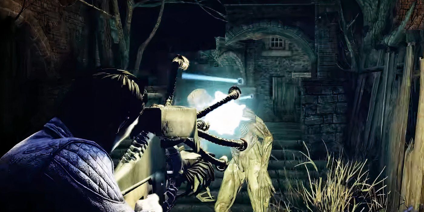 Garcia Hotspur firing the Teethgrinder weapon in Shadows of the Damned.