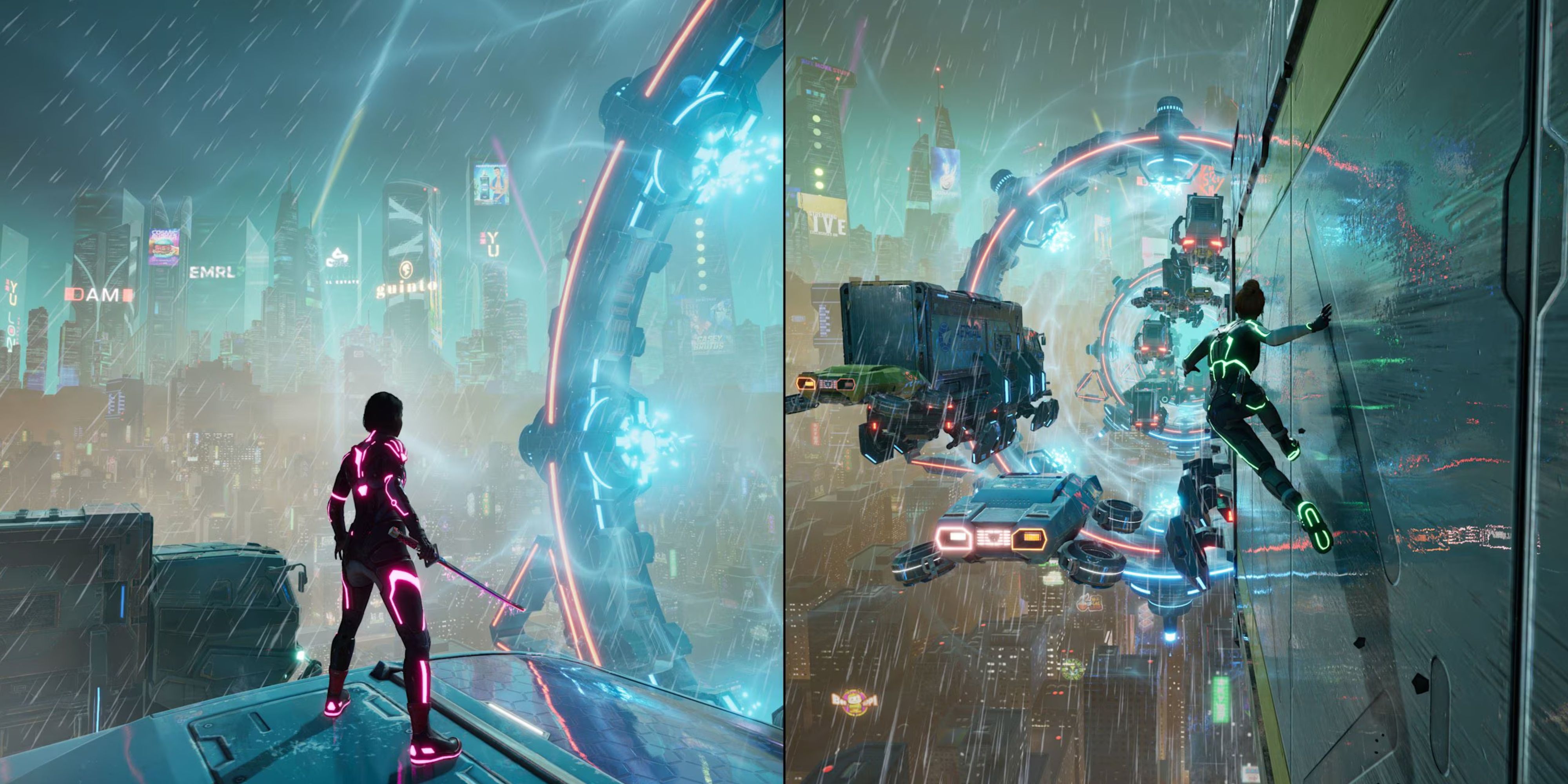 splitscreen image from a sci-fi level of split fiction.