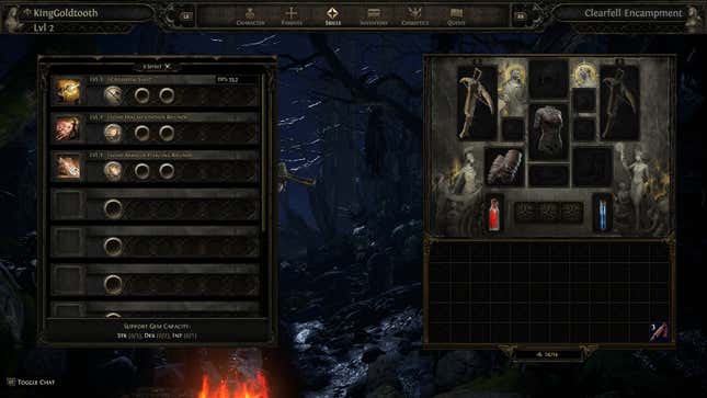 A screenshot of the Mercenary’s skill menu features the Fragmentation Rounds ability gem slotted.