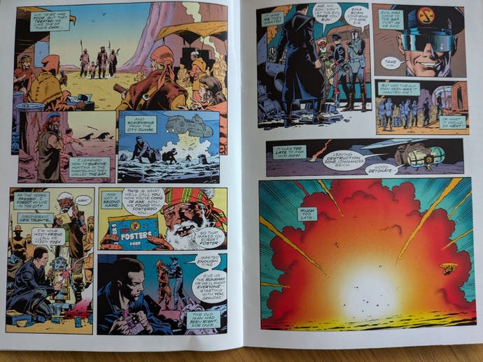 A photograph of a comic book spread in Beneath a Steel Sky.