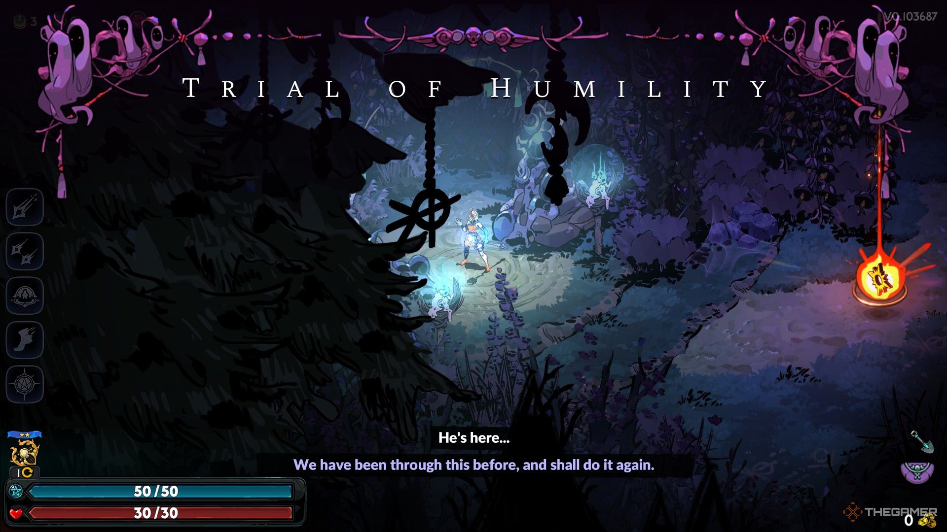 Starting the Trial of Humility. Melinoë appears in Erebus and Apollo's boon waits up ahead.