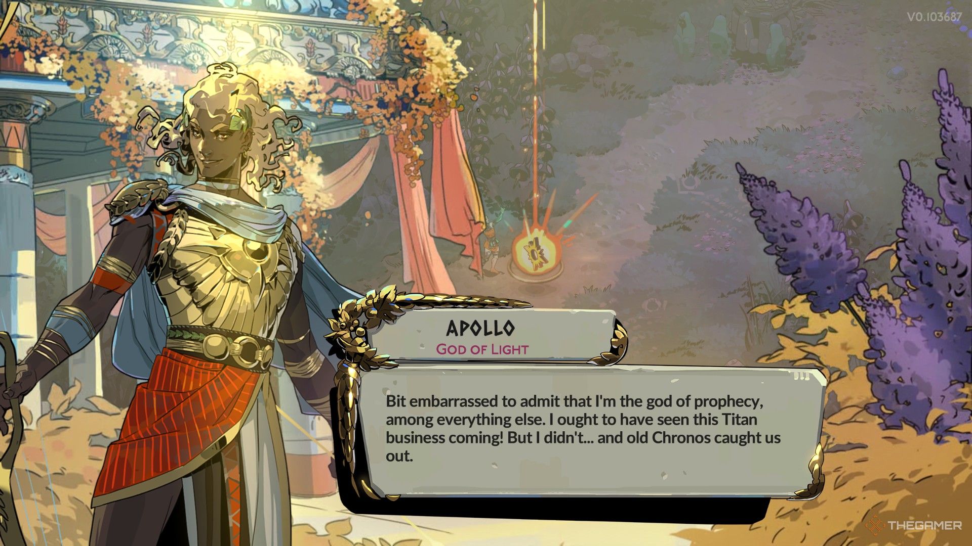 Apollo stands with arms outstretched. His dialogue admits that he's embarassed, as a god of prophecy, to have not seen "this Titan business coming!"