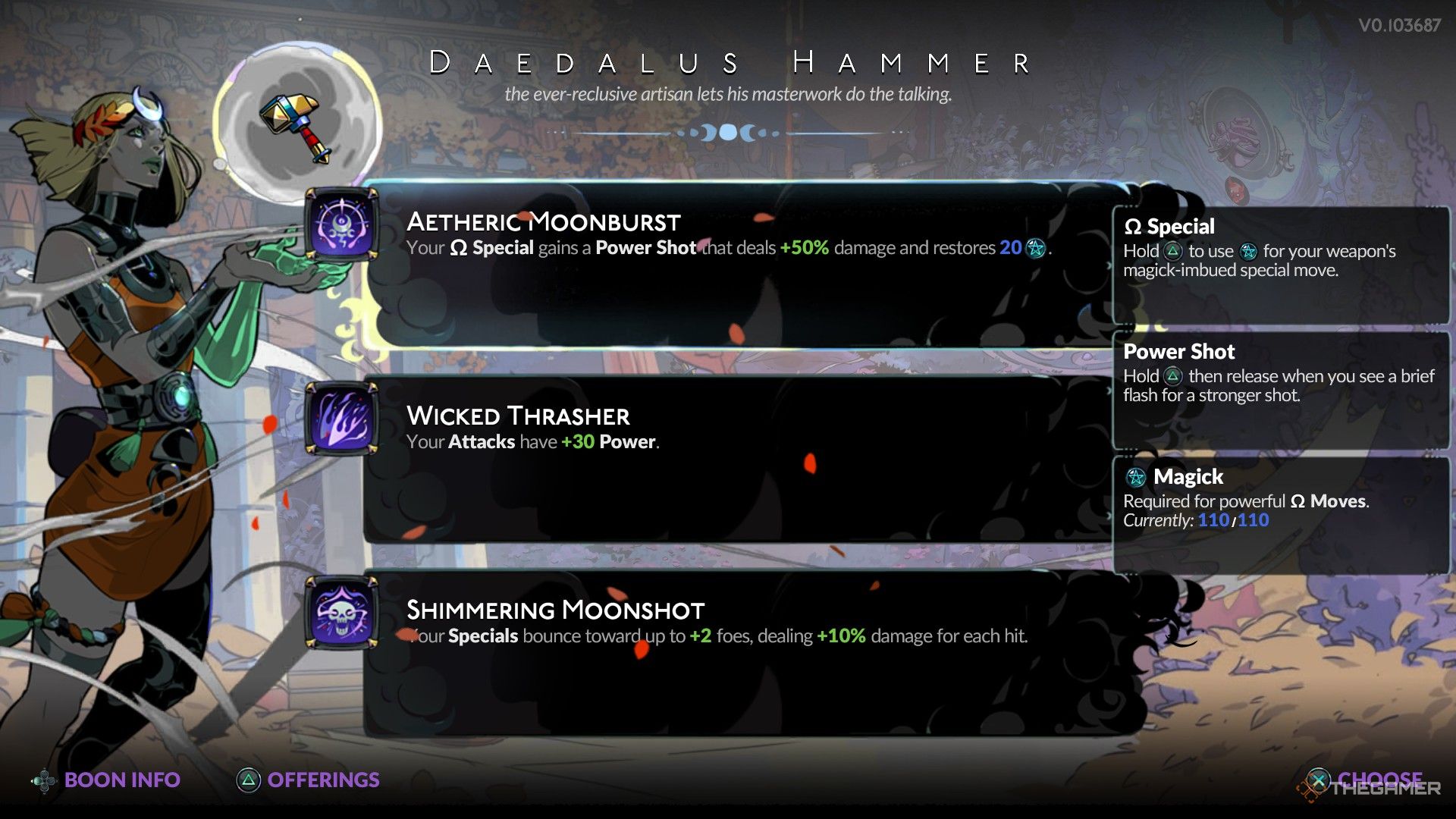 A Daedalus Hammer for the Witch's Staff. The options are Aetheric Moonburst, Wicked Thrasher, and Shimmering Moonshot.