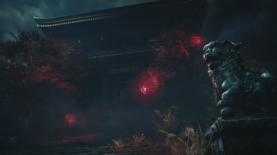 Onimusha Way of the Sword release date: an old Japanese temple at nighttime. There are several floating red orbs in the foreground.