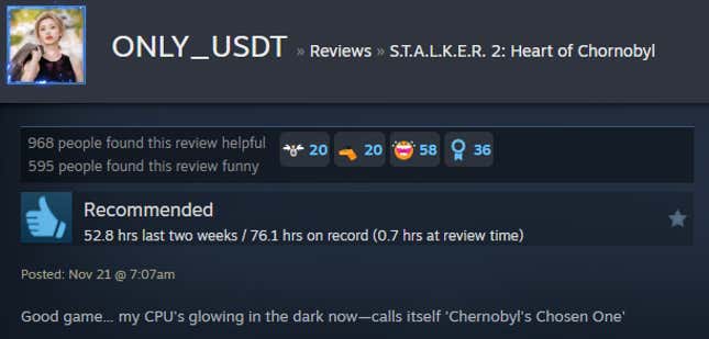 A screenshot shows a Steam user review for Stalker 2.