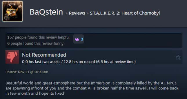 A screenshot shows a Steam user review for Stalker 2.