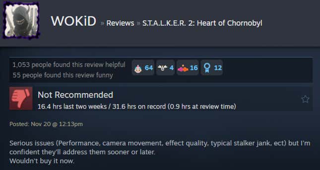 A screenshot shows a Steam user review for Stalker 2.