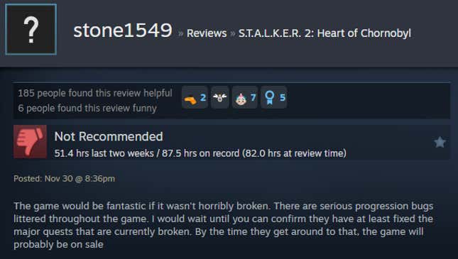 A screenshot shows a Steam user review for Stalker 2.