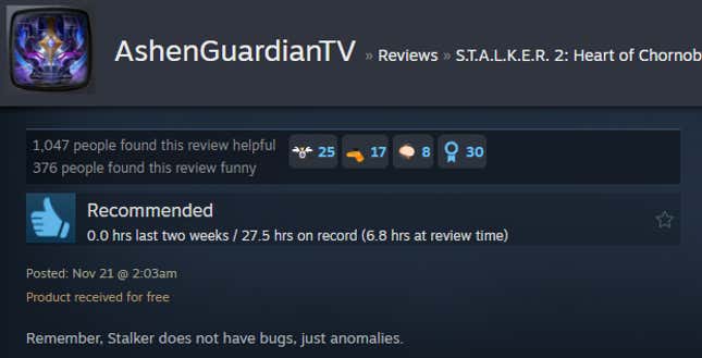 A screenshot shows a Steam user review for Stalker 2.