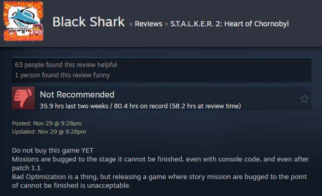 A screenshot shows a Steam user review for Stalker 2.