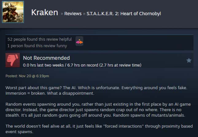 A screenshot shows a Steam user review for Stalker 2.