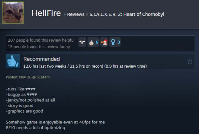 A screenshot shows a Steam user review for Stalker 2.