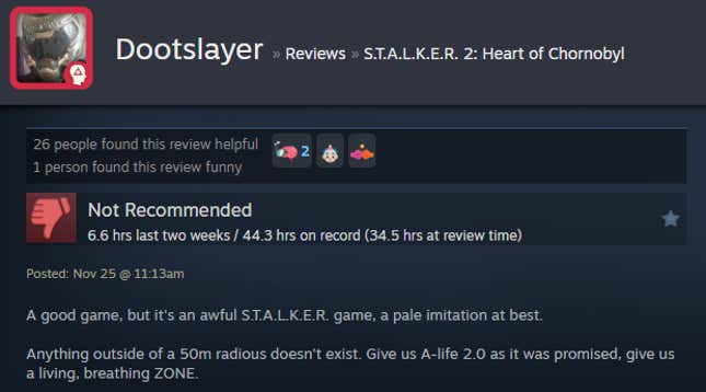 A screenshot shows a Steam user review for Stalker 2.