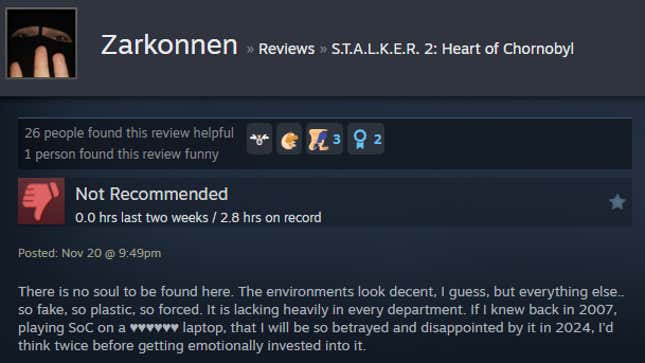 A screenshot shows a Steam user review for Stalker 2.