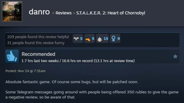 A screenshot shows a Steam user review for Stalker 2.