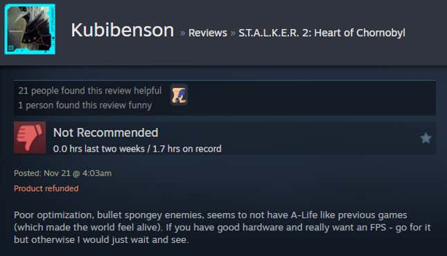 A screenshot shows a Steam user review for Stalker 2.