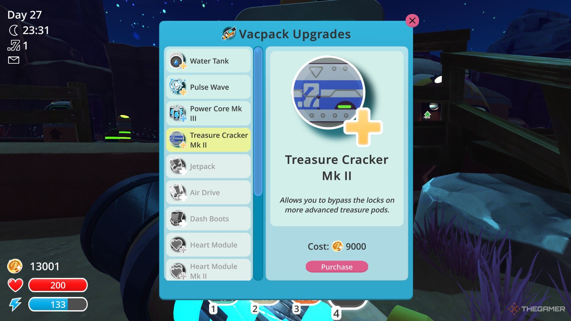 Vacpack Uprade window displays the Treasure Cracker Mk II in Slime Rancher.