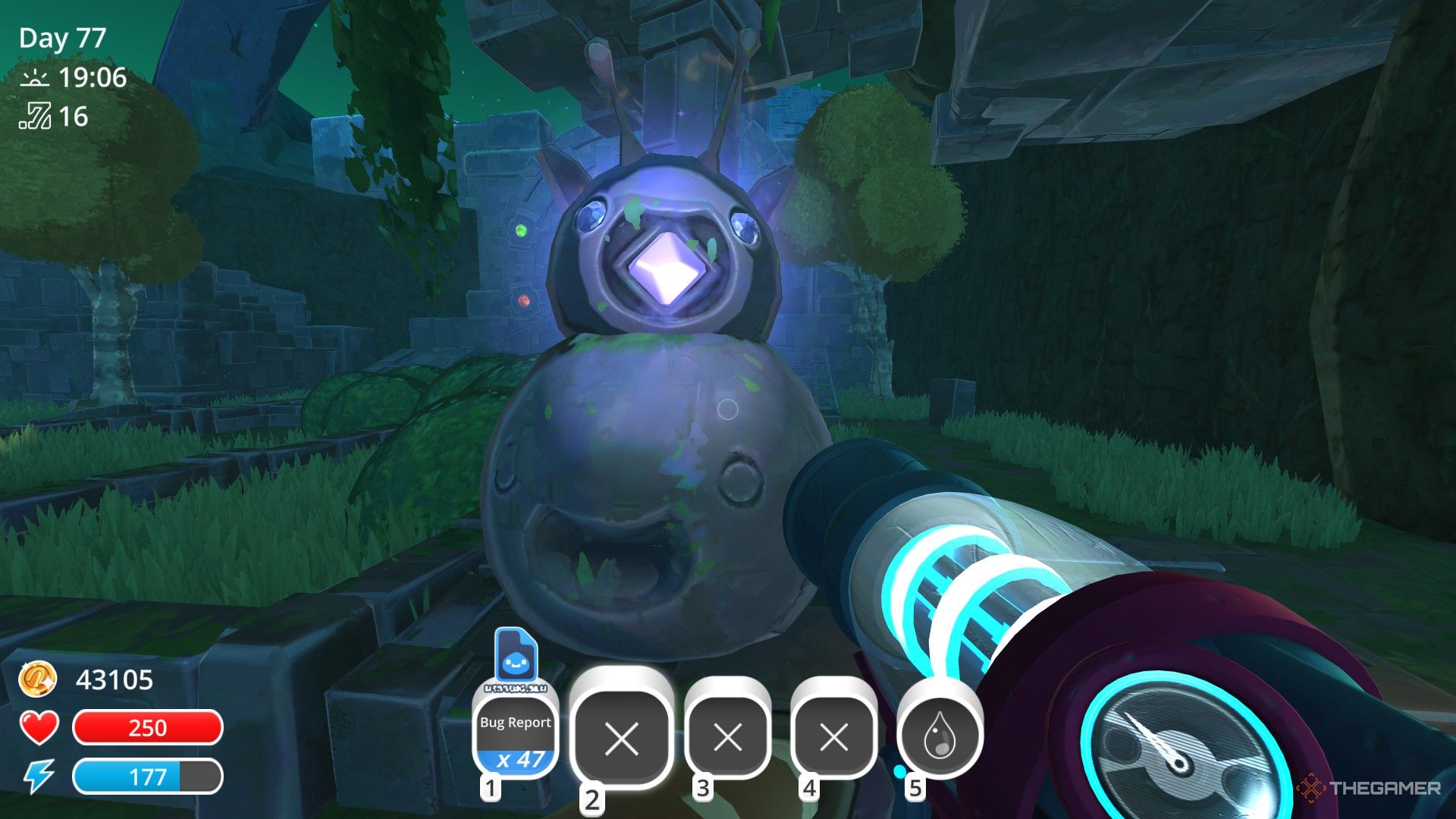 The player is standing in front of a statue that has a plort on its mouth in Slime Rancher.