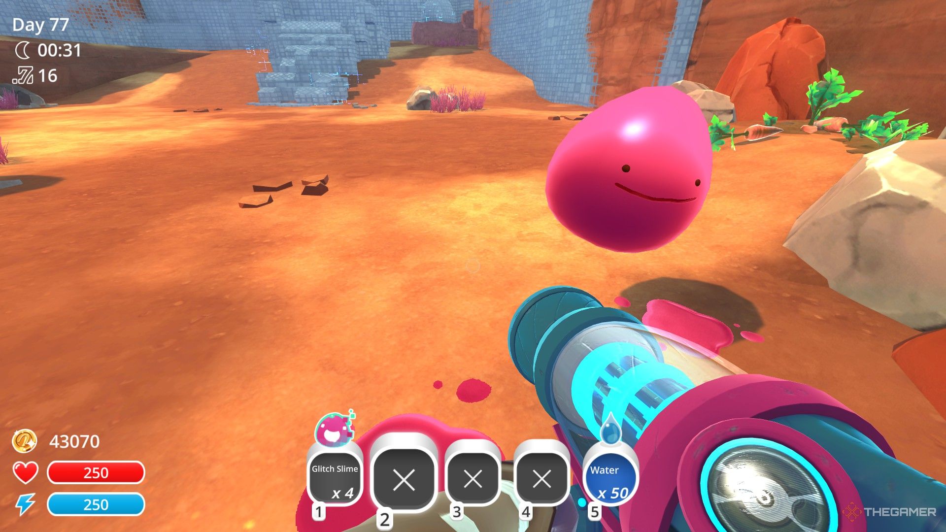 A glitch slime shapeshifts into a Pink Slime in Slime Rancher.